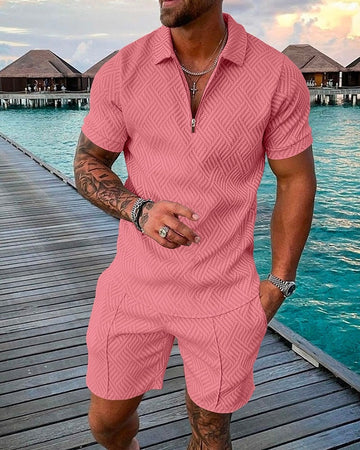 Wiaofellas Men's Polo Suit Fashion Men Sets Mens Solid Color Summer V-neck Zipper Short Sleeve POLO Shirt+Shorts Two Pieces Men Casual Suit